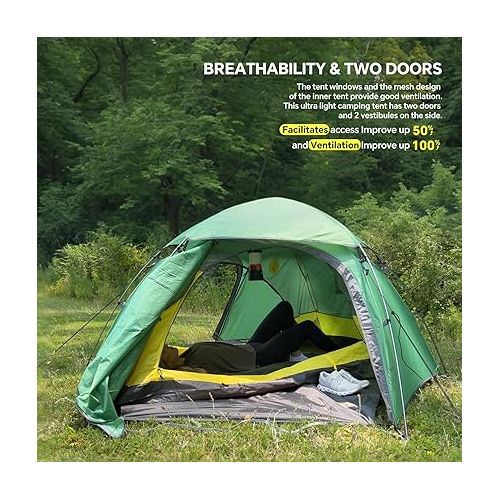  Hitorhike 2 Person Camping Tent - Ultralight and Easy to Set Up with Aluminum Frame - Ideal for Backpacking, Camping, Hiking, Outdoor Festivals, and Car Trips