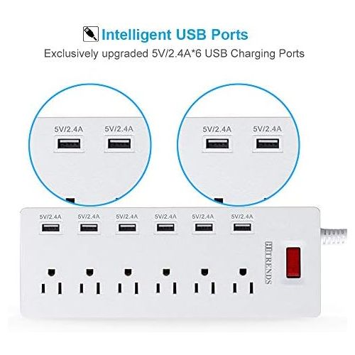  [아마존베스트]HITRENDS Power Strip Surge Protector with 6 USB Charging Ports and 6 Outlets, 6ft Heavy Duty Extension Cord, 1625W/13A Multiplug for Multiple Devices Smartphone Tablet Laptop Computer -Whit