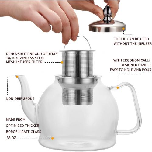  [아마존 핫딜] [아마존핫딜]Hiware 1000ml Glass Teapot with Removable Infuser, Stovetop Safe Tea Kettle, Blooming and Loose Leaf Tea Maker Set