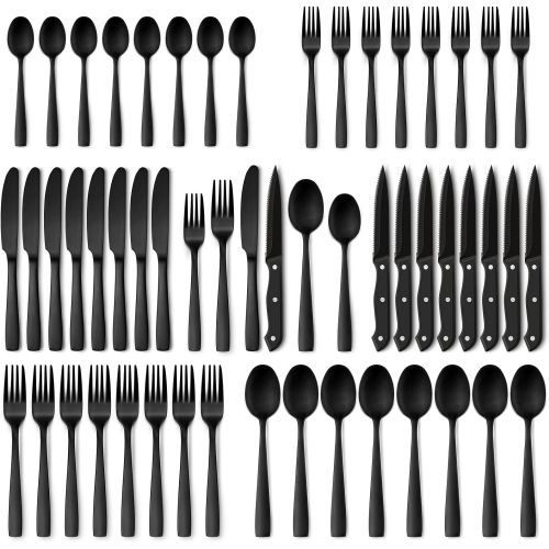 Hiware 48-Piece Matte Black Silverware Set for 8, Stainless Steel Flatware Set with Steak Knives, Hand Wash Recommended
