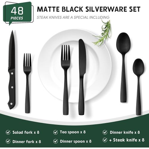  Hiware 48-Piece Matte Black Silverware Set for 8, Stainless Steel Flatware Set with Steak Knives, Hand Wash Recommended