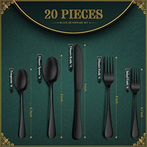  [아마존베스트]Hiware Black Silverware Set with Tray, 20-Piece Stainless Steel Flatware Cutlery Set Service for 4, Mirror Finish, Dishwasher Safe