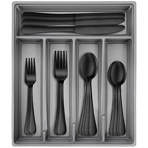  [아마존베스트]Hiware Black Silverware Set with Tray, 20-Piece Stainless Steel Flatware Cutlery Set Service for 4, Mirror Finish, Dishwasher Safe