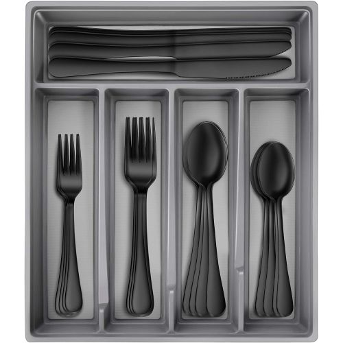  [아마존베스트]Hiware Black Silverware Set with Tray, 20-Piece Stainless Steel Flatware Cutlery Set Service for 4, Mirror Finish, Dishwasher Safe