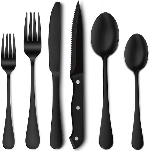  [아마존베스트]Hiware 24-Piece Matte Black Silverware Set with Steak Knives, Stainless Steel Flatware Cutlery Set, Service for 4