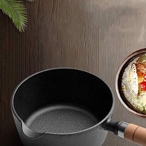  HJJ Uncoated Cast Iron Wok Hot Milk Pot, Non Stick Supplement Iron Soup Wok with Solid Wood Handle & Lid, for Gas Stove, for Home Kitchen