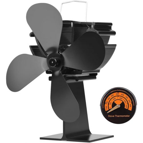  HJK Wood Stove Fan, 4 Blade Fireplace Fan for Wood Burning Stove, Auto Sensing Silent Heat Powered Fan with Magnetic Thermometer, Wood Stove Accessories, Circulating Warm Air