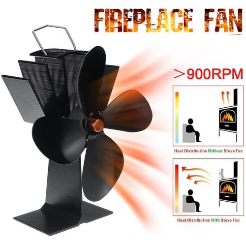  HJK Wood Stove Fan, 4 Blade Fireplace Fan for Wood Burning Stove, Auto Sensing Silent Heat Powered Fan with Magnetic Thermometer, Wood Stove Accessories, Circulating Warm Air
