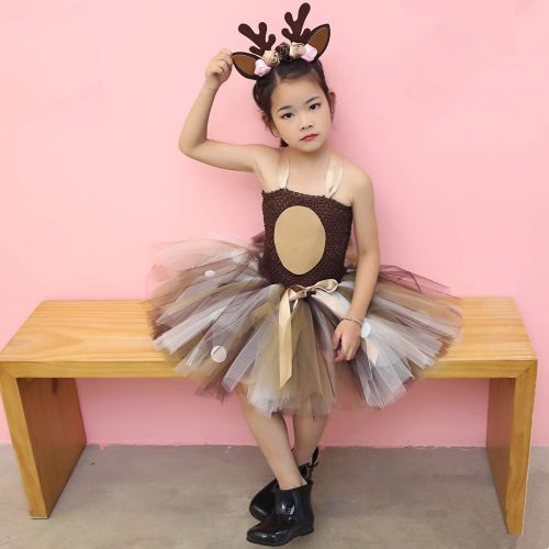  할로윈 용품HJTT Deer Tutu Dress for Girls Birthday Party Animal Costume with Headband Outfit Tulle 1-8 Years