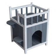 HLCWTOY Wooden Cat Pet Home with Balcony Pet House Small Dog Indoor Outdoor Shelter Gray & White