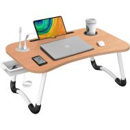 [아마존베스트]HLHome Laptop Bed Desk,Portable Foldable Laptop Tray Table with USB Charge Port/Cup Holder/Storage Drawer,for Bed /Couch /Sofa Working, Reading（Beige）