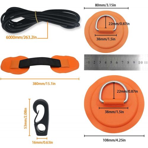  HLOGREE 7Pck D-Ring Patch Kayak D Ring Pads & 20ft Strong Elastic Bungee Shock Cord with Hooks Bungee Deck Rigging Kit for Pvc Inflatable Boat Sup Kayak Canoe Deck Surfboard Raft Stand Up