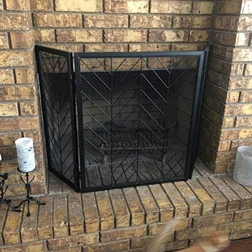 HLR Fireplace Screen Fireplace Spark Protection 3 Panel Large Fire Screen Mesh, Solid Wrought Iron Spark Guard Baby Safe, Foldable Fireplace Fence for Wood Burner/Stove