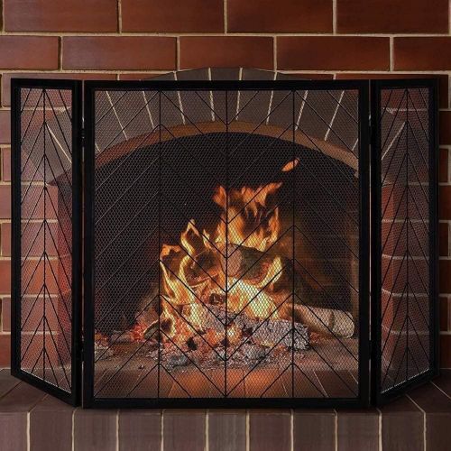  HLR Fireplace Screen Fireplace Spark Protection 3 Panel Large Fire Screen Mesh, Solid Wrought Iron Spark Guard Baby Safe, Foldable Fireplace Fence for Wood Burner/Stove