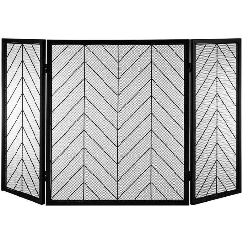  HLR Fireplace Screen Fireplace Spark Protection 3 Panel Large Fire Screen Mesh, Solid Wrought Iron Spark Guard Baby Safe, Foldable Fireplace Fence for Wood Burner/Stove