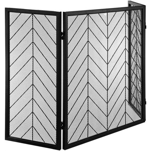  HLR Fireplace Screen Fireplace Spark Protection 3 Panel Large Fire Screen Mesh, Solid Wrought Iron Spark Guard Baby Safe, Foldable Fireplace Fence for Wood Burner/Stove