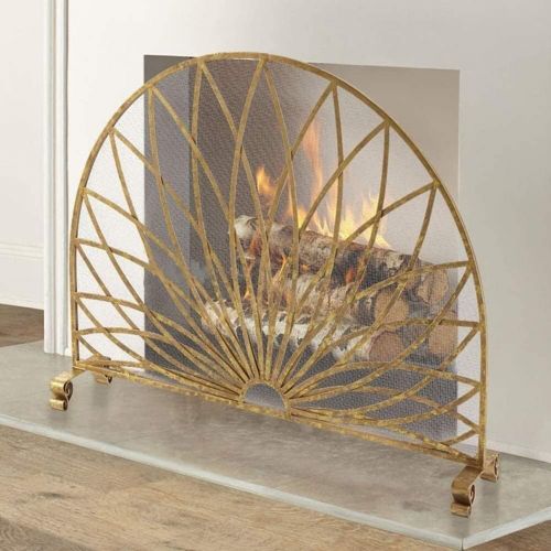  HLR Fireplace Screen Fireplace Screen Large Gold Single Panel, Ornate Wrought Iron Metal Standing Fire Safe Gate, Wood Burning Stove Tools Accessories