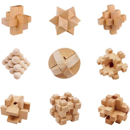  HMANE 9Pcs Wooden Brain Teaser Puzzle, IQ Test Toy, Kong Ming Lock Puzzle Disentanglement Puzzles Toy Unlock Interlock Game