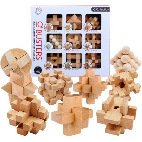  HMANE 9Pcs Wooden Brain Teaser Puzzle, IQ Test Toy, Kong Ming Lock Puzzle Disentanglement Puzzles Toy Unlock Interlock Game