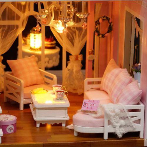  HMANE DIY Dollhouse Kit Miniature Furniture 3D Assembly Creative House with Light and Music Best Birthday Gift for Women and Girls - Pink Cherry House