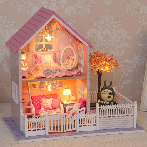  HMANE DIY Dollhouse Kit Miniature Furniture 3D Assembly Creative House with Light and Music Best Birthday Gift for Women and Girls - Pink Cherry House