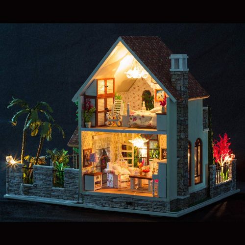  HMANE DIY Dollhouse Kit Miniature Furniture 3D Assembly Creative House with Light and Music Best Birthday Gift for Women and Girls - Pink Cherry House