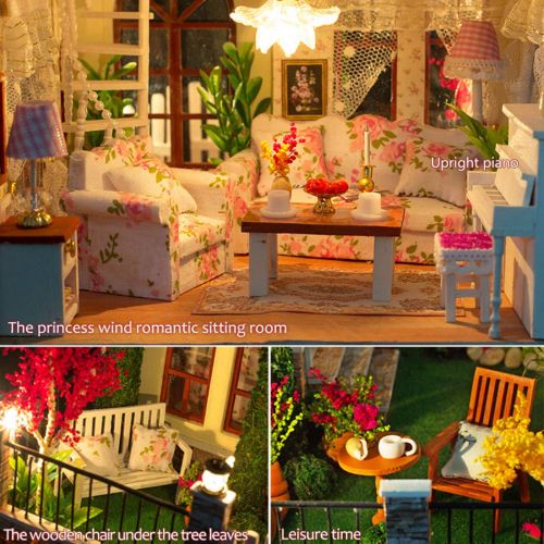  HMANE DIY Dollhouse Kit Miniature Furniture 3D Assembly Creative House with Light and Music Best Birthday Gift for Women and Girls - Pink Cherry House