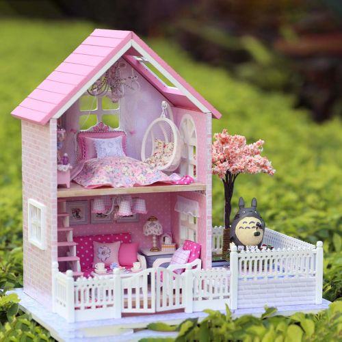  HMANE DIY Dollhouse Kit Miniature Furniture 3D Assembly Creative House with Light and Music Best Birthday Gift for Women and Girls - Pink Cherry House