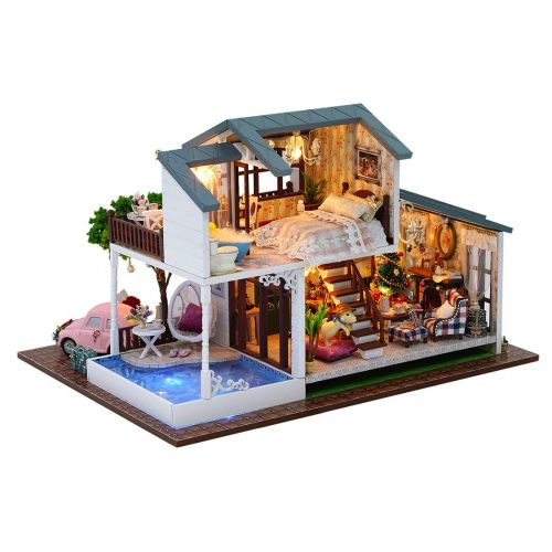  HMANE Dollhouse Miniature 3D Assembly DIY Kit Creative House Kit with LED London Holiday Christmas Version Best Gifts for Women and Girls - with Cover and Pink Car