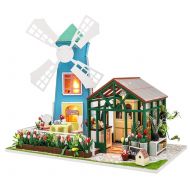 HMANE DIY Dollhouse Kit Miniature Furniture 3D Assembly Cabin House with Light and Music - Windmill Flower House