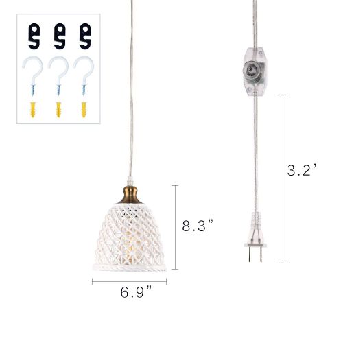  HMVPL Plug in Pendant Lights with 16.4 Ft Hanging Cord and On/Off Dimmer Switch, Unique Ceramic Lighting Fixture Mini Swag Ceiling Lamp for Bedroom Kitchen Island Dining Room Foyer
