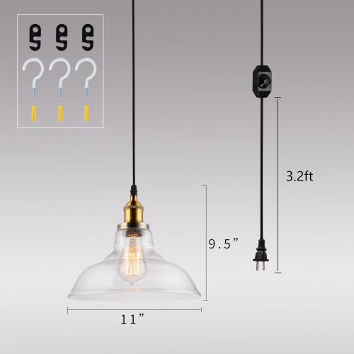  HMVPL Plug in Pendant Lighting Fixtures with Long Hanging Cord and Dimmer Switch, Farmhouse Glass Hanging Chandelier Vintage Swag Ceiling Lamp for Kitchen Island Dining Table Bed-R