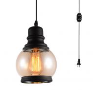 HMVPL Plug in Pendant Lighting Fixtures with Dimmer Switch and Long Hanging Cord, Vintage Glass Swag Chandelier Ceiling Lamp for Kitchen Island Dining Table Bedroom Foyer Entry Hal