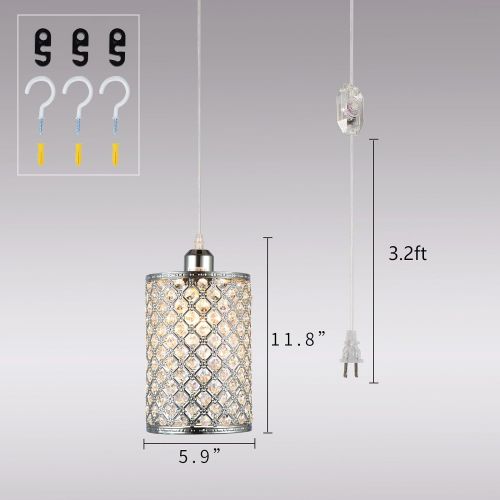  HMVPL Plug in Pendant Lighting Fixtures with Long Hanging Cord and Dimmer Switch, Modern Crystal Hanging Chandelier Sparkly Swag Ceiling Lamp for Kitchen Island Dining Table Bed-Ro
