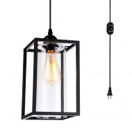 HMVPL Plug in Pendant Lighting Fixtures with Long Hanging Cord and Dimmer Switch, Vintage Metal Hanging Chandelier Swag Ceiling Lamp with Glass Shade for Kitchen Island Dining Tabl