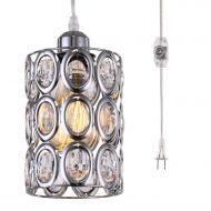 HMVPL Plug in Crystal Pendant Light with ON/Off Dimmer Switch and 16.4 ft Clear Hanging Cord, Modern Chrome Cylinder Chandelier Swag Lamp for Kitchen Island Dining Table Bedroom Gi