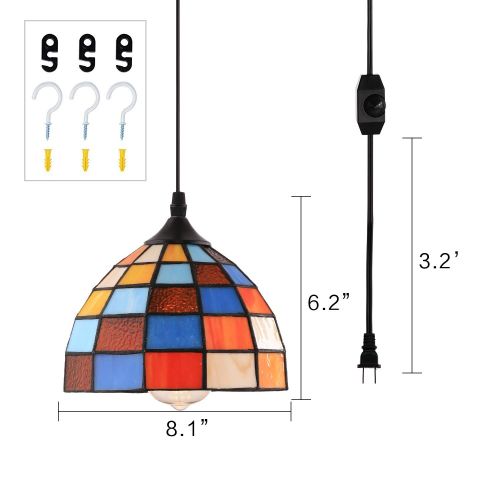  HMVPL Tiffany Style Pendent Ceiling Light with 16.4 Ft Plug in Cord and On/Off Dimmer Switch, Retro Multicolored Swag Hanging Lamp for Kitchen Island, Dining Room or Living Room (8