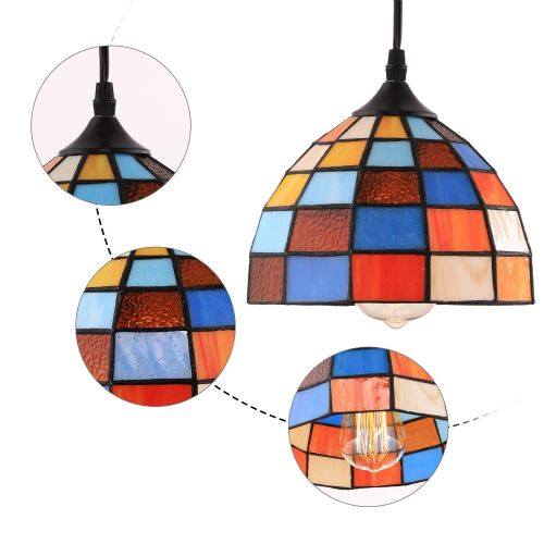  HMVPL Tiffany Style Pendent Ceiling Light with 16.4 Ft Plug in Cord and On/Off Dimmer Switch, Retro Multicolored Swag Hanging Lamp for Kitchen Island, Dining Room or Living Room (8