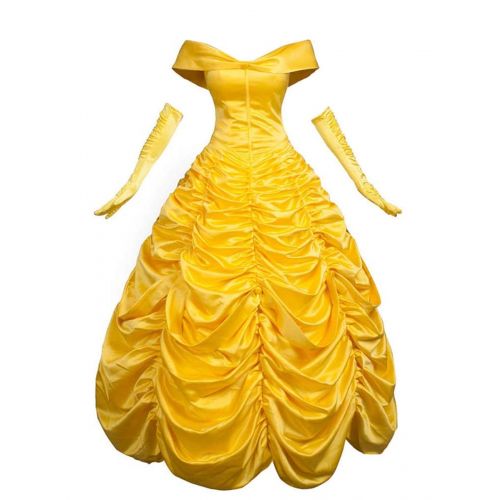  HNGHOU Womens Yellow Satin Princess Dresses Halloween Cosplay Costume Princess Belle Costume Dress