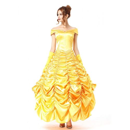  HNGHOU Womens Yellow Satin Princess Dresses Halloween Cosplay Costume Princess Belle Costume Dress