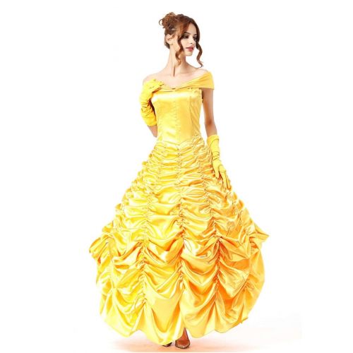  HNGHOU Womens Yellow Satin Princess Dresses Halloween Cosplay Costume Princess Belle Costume Dress