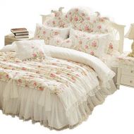 HNNSI Cotton Girls Princess Duvet Cover Set with Lace Ruffle Bed Skirt 4 Pieces, Romantic Korean Bedding Sets, Vintage Floral Print Girls Comforter Cover Sets (Beige, Twin)