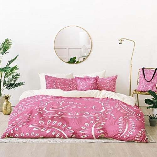  HNU 4 Piece Modern Alphabets Character Design Quotes Sayings Pattern Zipper Closure Twin Xl Pink White Duvet Cover Set Bright Colors Girls Bedding Contemporary Decorative Tote Bag Soft