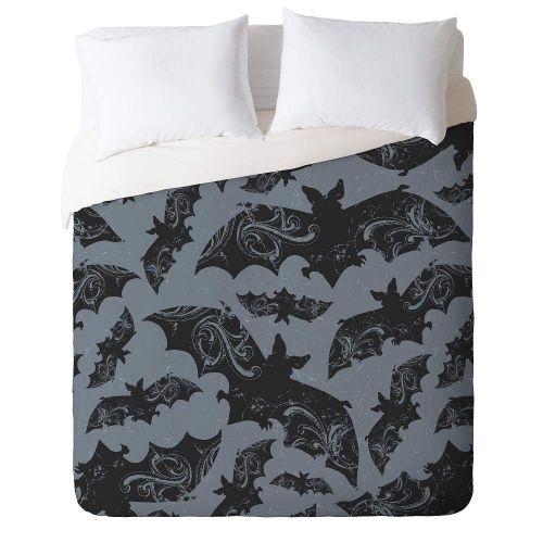  HNU 5 Piece King Animal Print Boys Bedding, All Season Black Marble Blue Duvet Cover, Modern Contemporary Novelty Pattern Design Dark Grey Bedding, Gorgeous Abstract Bats Night Kid