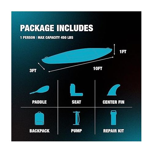  HO Sports Beacon Inflatable Kayak with Hand Pump, Adjustable Paddle & Carry Bag - Ergonomic High-Back Seat with Storage Holder & Built-in Fishing Rod Holder - 450 lbs Max Weight Capacity