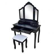 HOBBYN Vanity,Tri-fold Mirror Dresser & Cushioned Stool Vanity Desk Dressing Makeup Table Desk Organizer (Black)