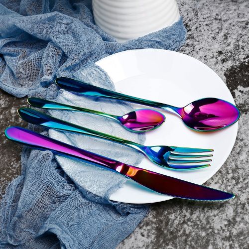  HOBO BuntesBesteck 24-teilig Besteck Set fuer 6 Personen aus rostfreiemEdelstahlmit 6*Messer/Gabeln/Loeffel/Kaffeeloeffel als Geschenkspuelmaschinefest(Regenbogen)