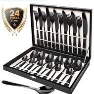 [아마존핫딜][아마존 핫딜] Black Silverware Set, HOBO 24 Pieces Stainless Steel Flatware Cutlery Set with Wooden Box, Knife Fork Spoon Flatware, Mirror Finish, Smooth Edge, Service for 6