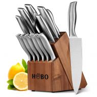 HOBO Knife Set,14-Piece Knives with Wooden Block, All-Purpose Kitchen Scissors and Sharpener Stainless Steel Chef Cutlery, Silver