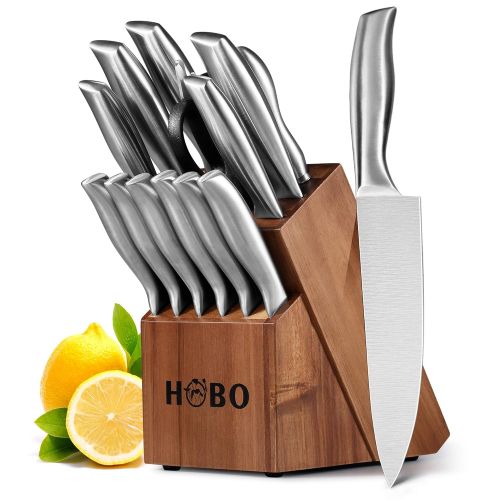  HOBO Knife Set,14-Piece Knives with Wooden Block, All-Purpose Kitchen Scissors and Sharpener Stainless Steel Chef Cutlery, Silver